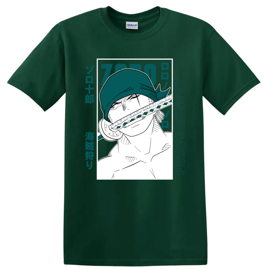 Roronoa Zoro Pirate Hunter manga portrait with sword and teal Japanese-style lettering on a Forest Green T Shirt