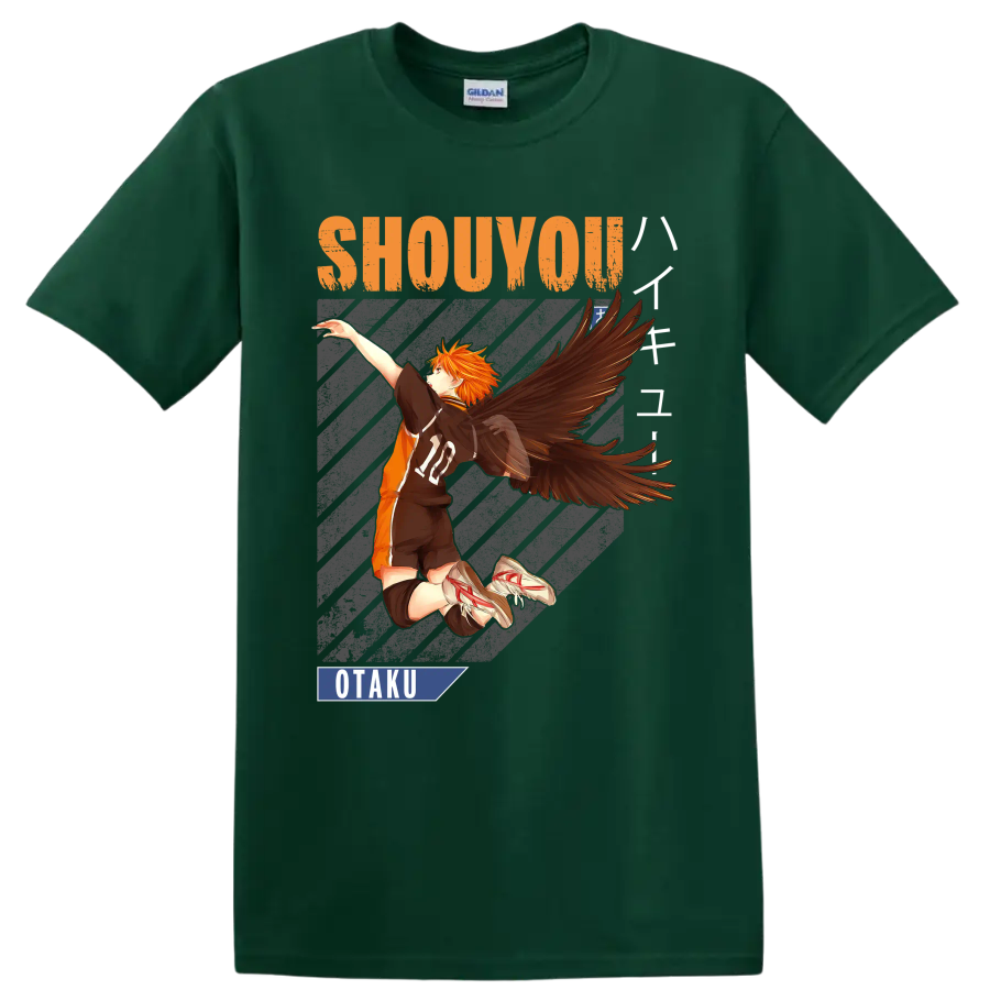 Shoyo Hinata winged volleyball anime graphic with Shouyou and Otaku text on a Forest Green T Shirt