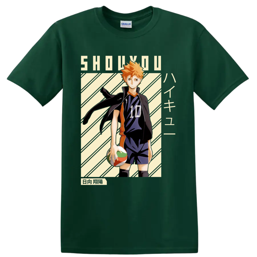 Shoyo Hinata in Karasuno number 10 uniform with volleyball manga-style graphic on a Forest Green T Shirt