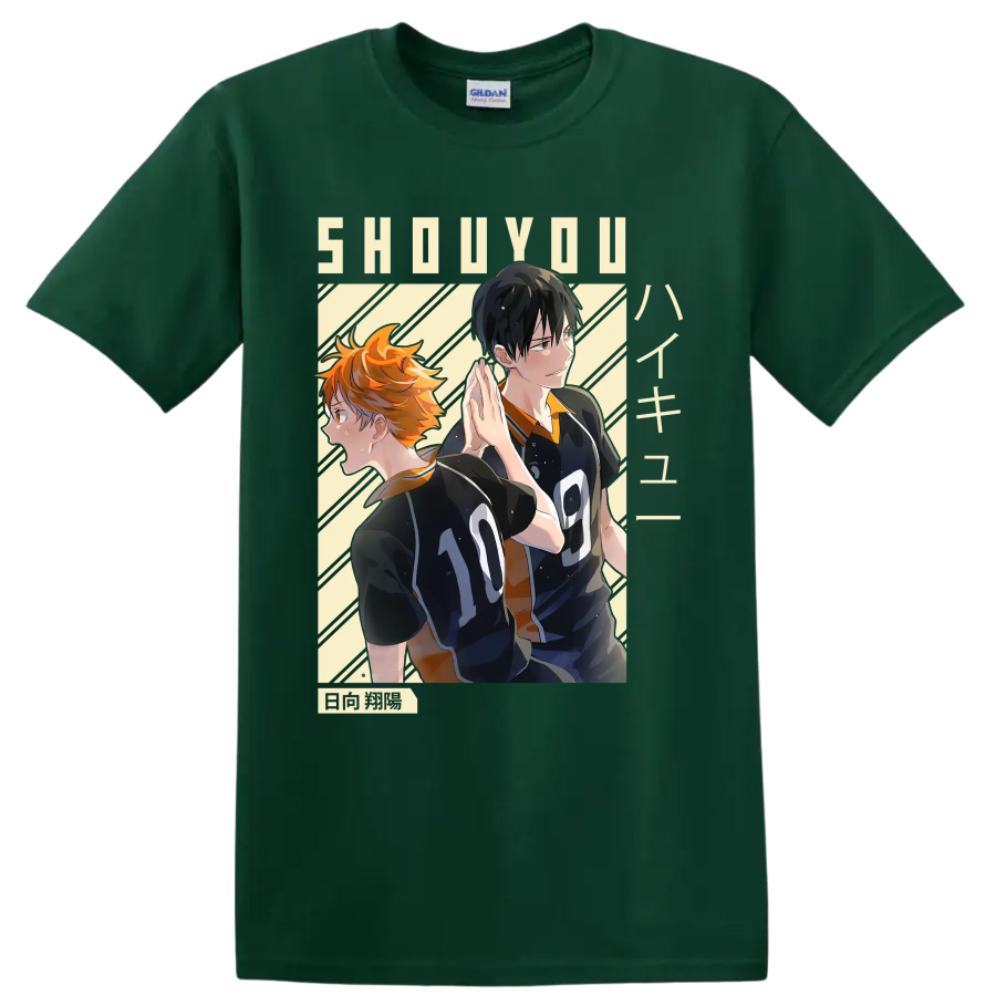 Anime-style Shoyo Hinata and Tobio Kageyama in Karasuno volleyball uniforms on a Forest Green T Shirt
