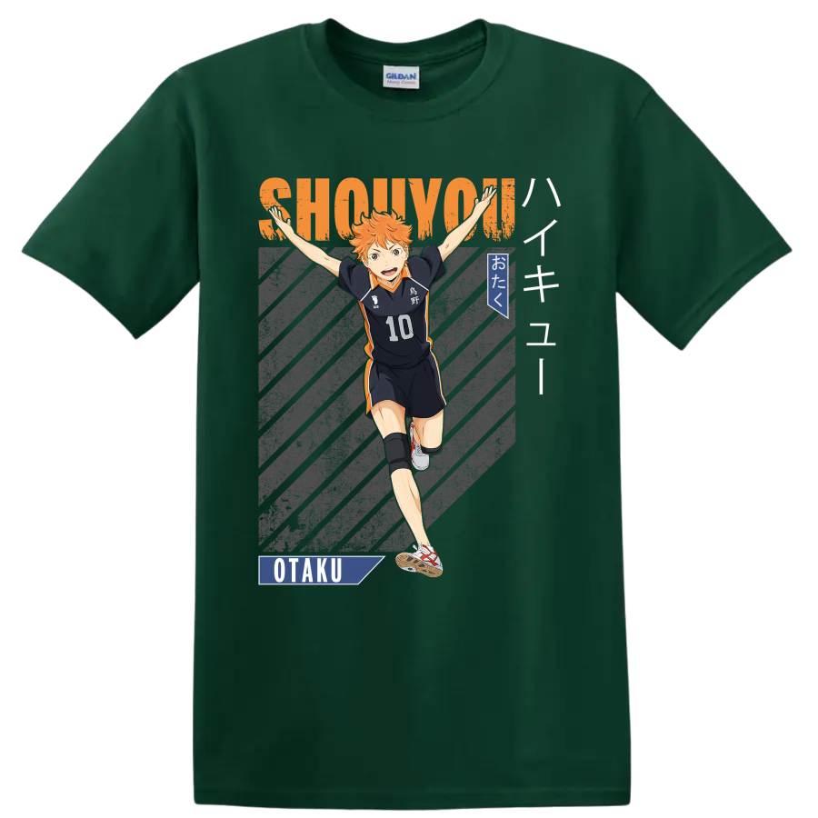 Shoyo Hinata in Karasuno No. 10 uniform with SHOUYOU lettering and otaku graphics on a Forest Green T Shirt