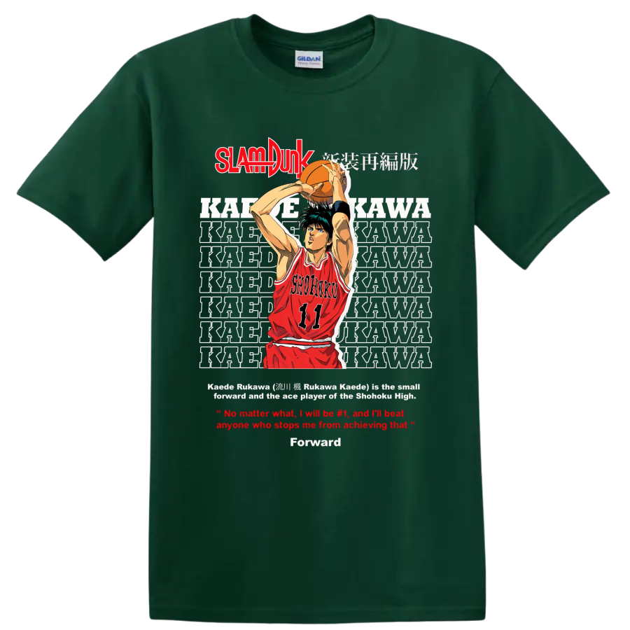 Kaede Rukawa Slam Dunk manga basketball shooter graphic with Shohoku number 11 jersey on a Forest Green T Shirt