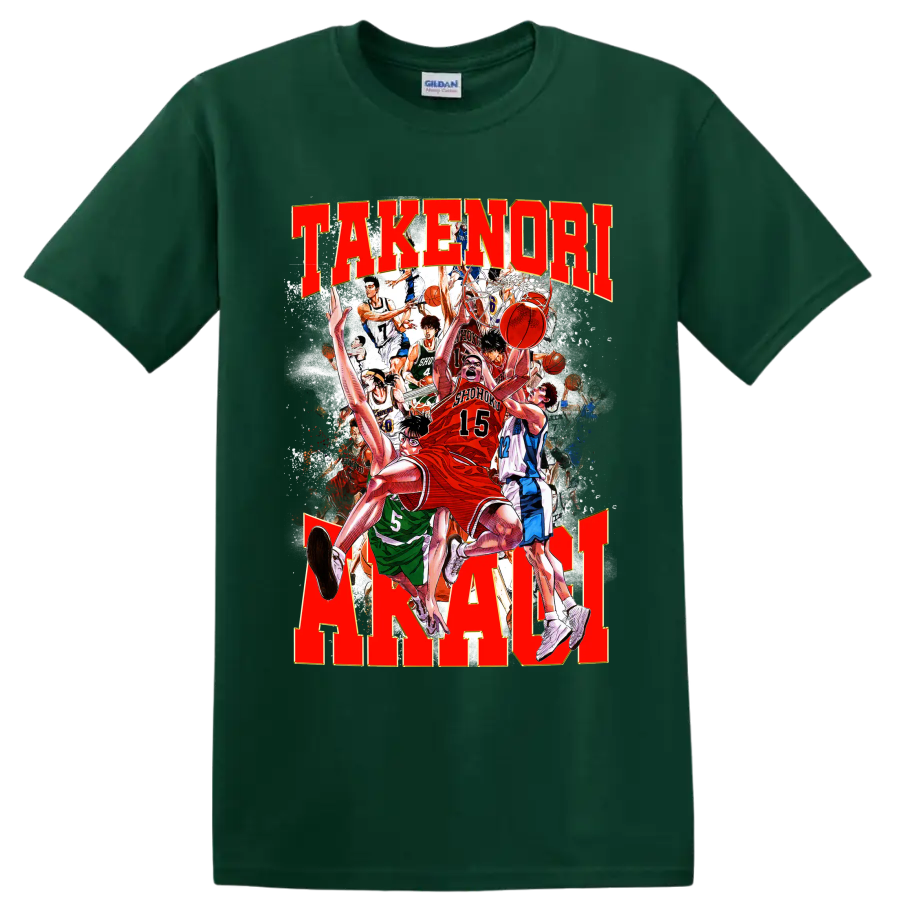 Hanamichi Sakuragi and Shohoku Slam Dunk manga basketball action collage on a Forest Green T Shirt