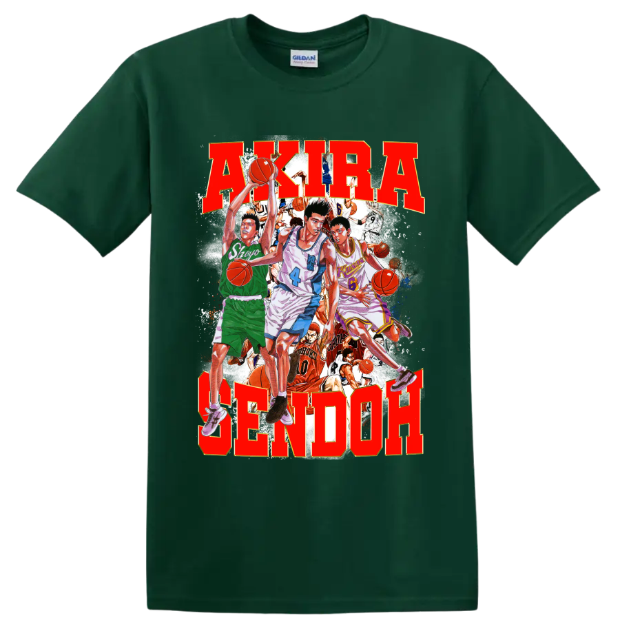 Slam Dunk manga collage with Sendoh, Fujima, Sakuragi and bold AKIRA SENDOH text on a Forest Green T Shirt