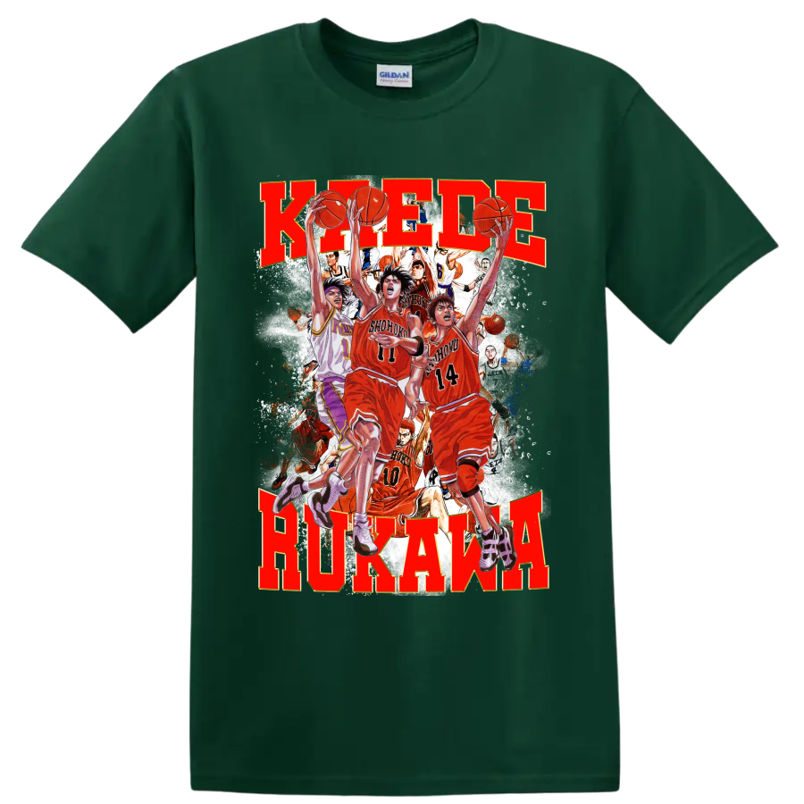 Kaede Rukawa Slam Dunk manga-style Shohoku basketball action collage on a Forest Green T Shirt