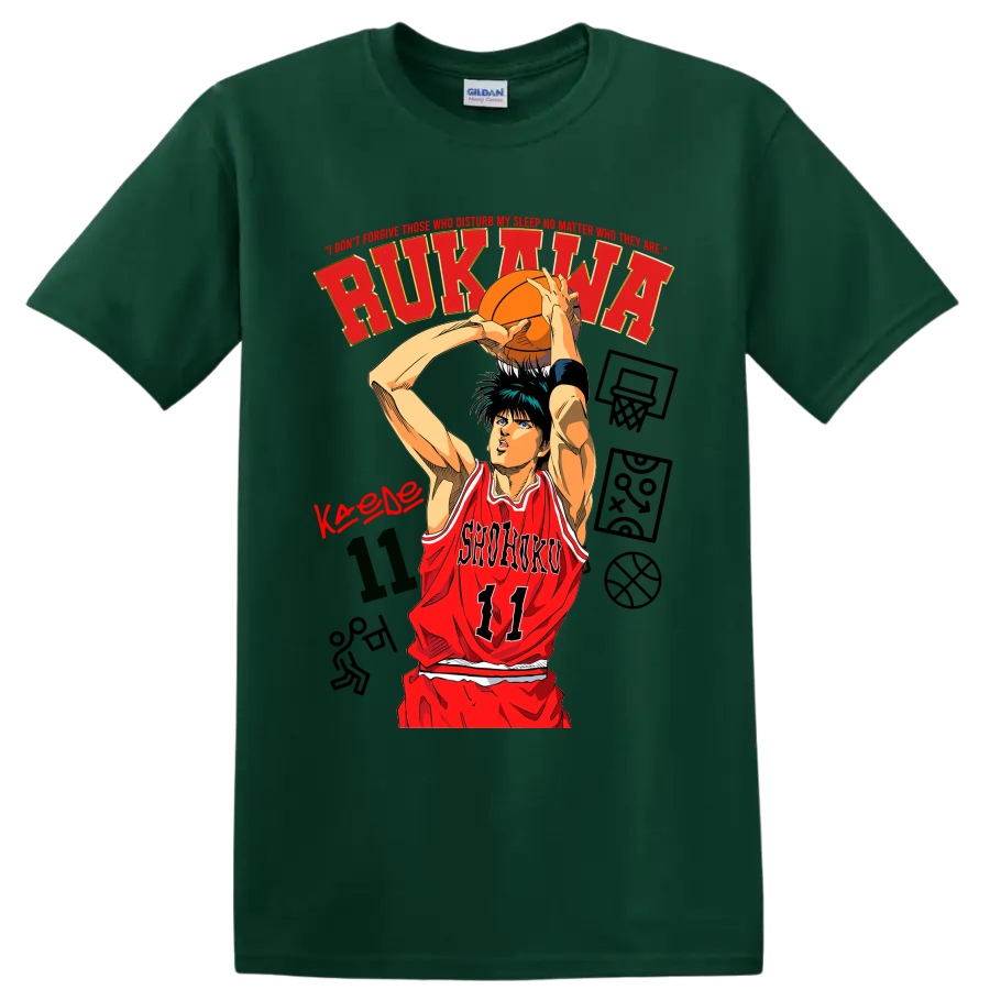 Kaede Rukawa Shohoku 11 manga basketball shooting graphic on a Forest Green T Shirt