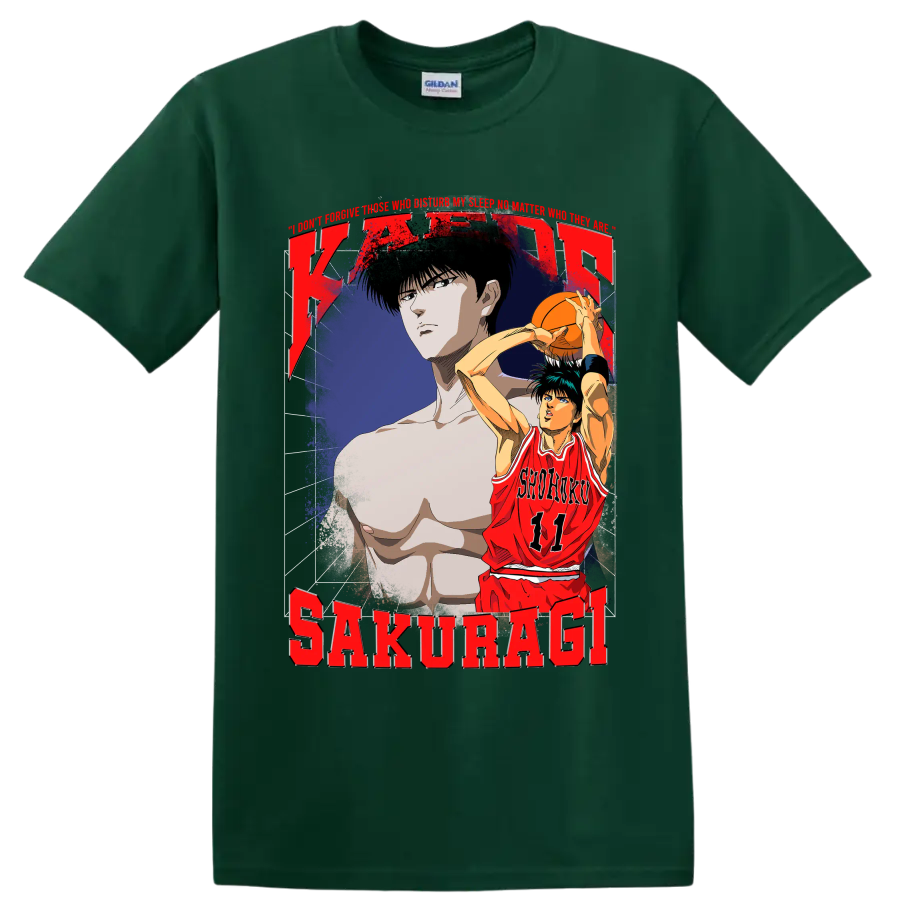Kaede Rukawa Slam Dunk distressed Shohoku 11 basketball anime graphic on a Forest Green T Shirt
