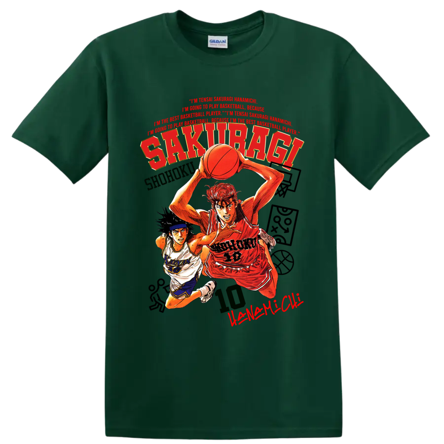 Slam Dunk manga graphic of Hanamichi Sakuragi and Nobunaga Kiyota playing basketball on a Forest Green T Shirt