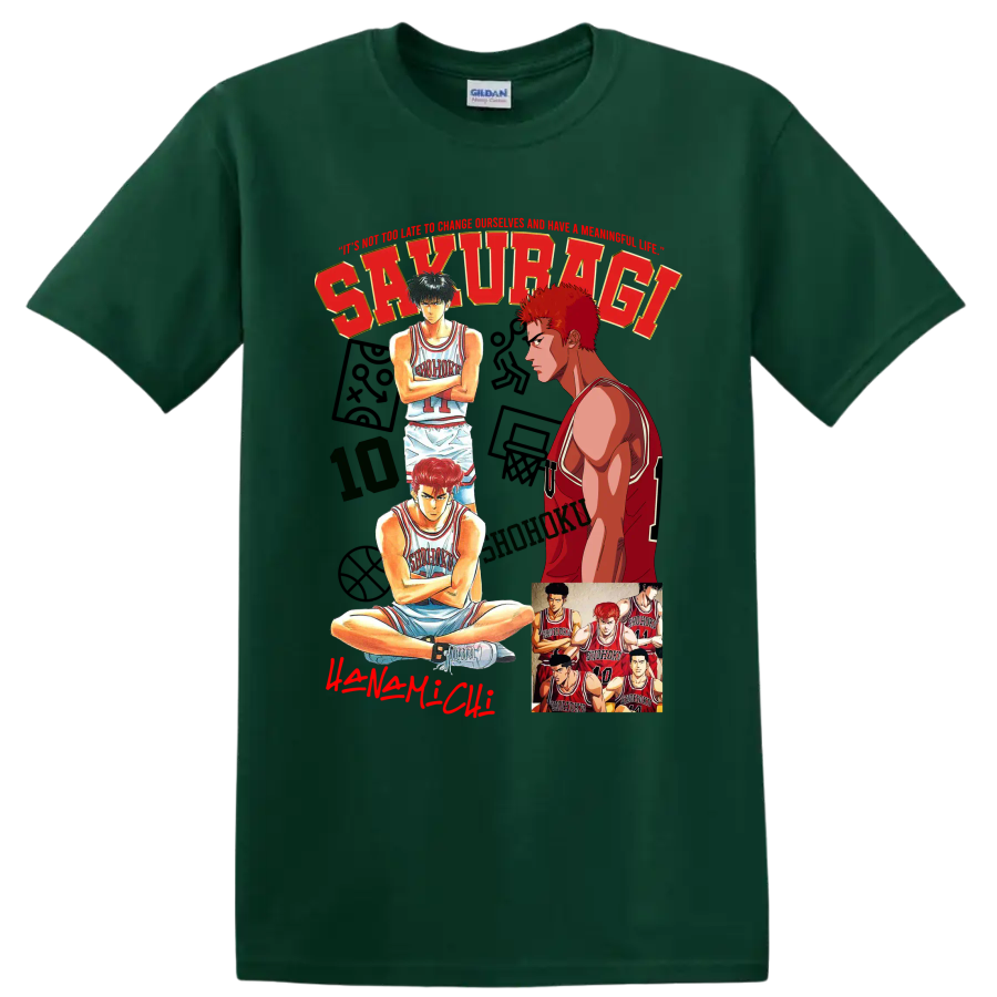 Slam Dunk manga collage of Hanamichi Sakuragi, Kaede Rukawa, and Shohoku players on a Forest Green T Shirt