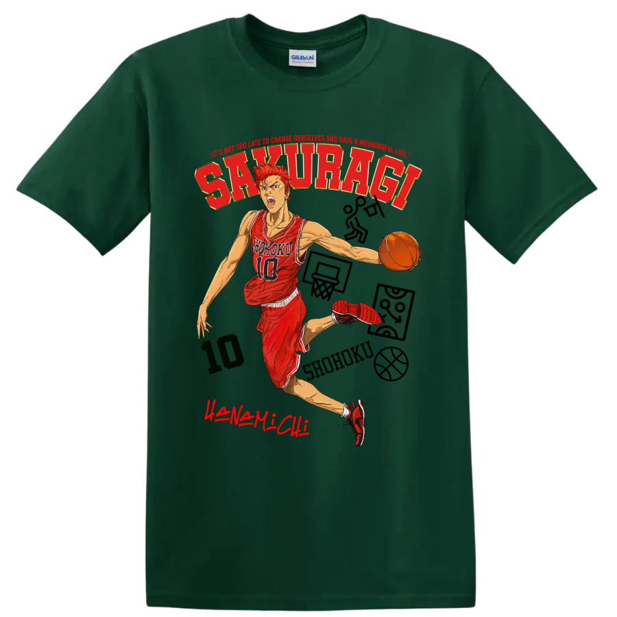 Hanamichi Sakuragi Slam Dunk manga basketball action graphic with Shohoku jersey on a Forest Green T Shirt