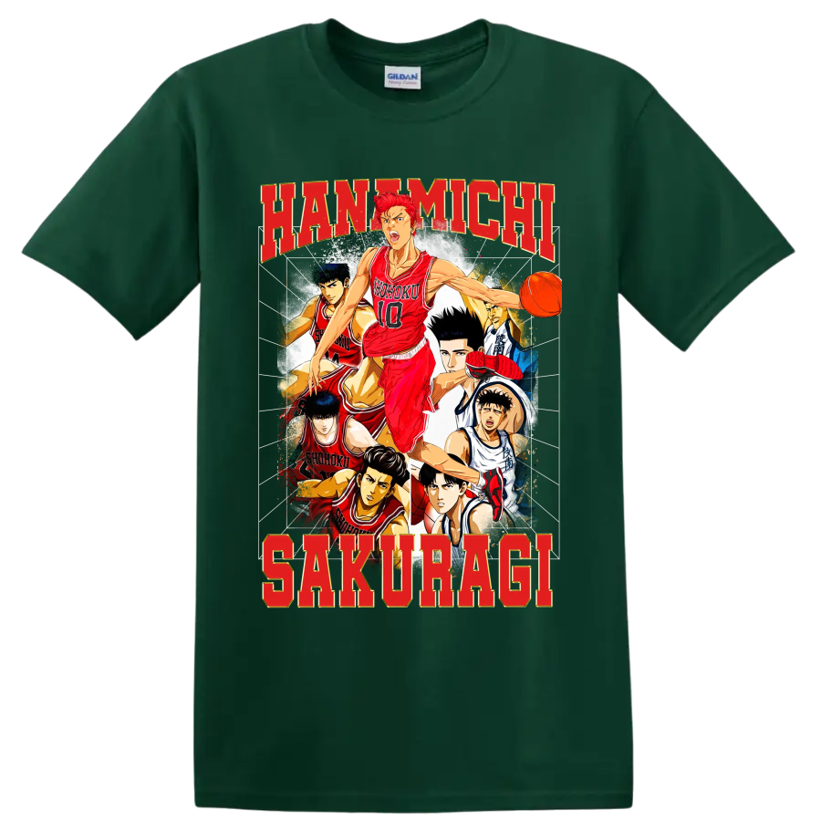 Hanamichi Sakuragi Slam Dunk manga basketball collage with Shohoku players on a Forest Green T Shirt