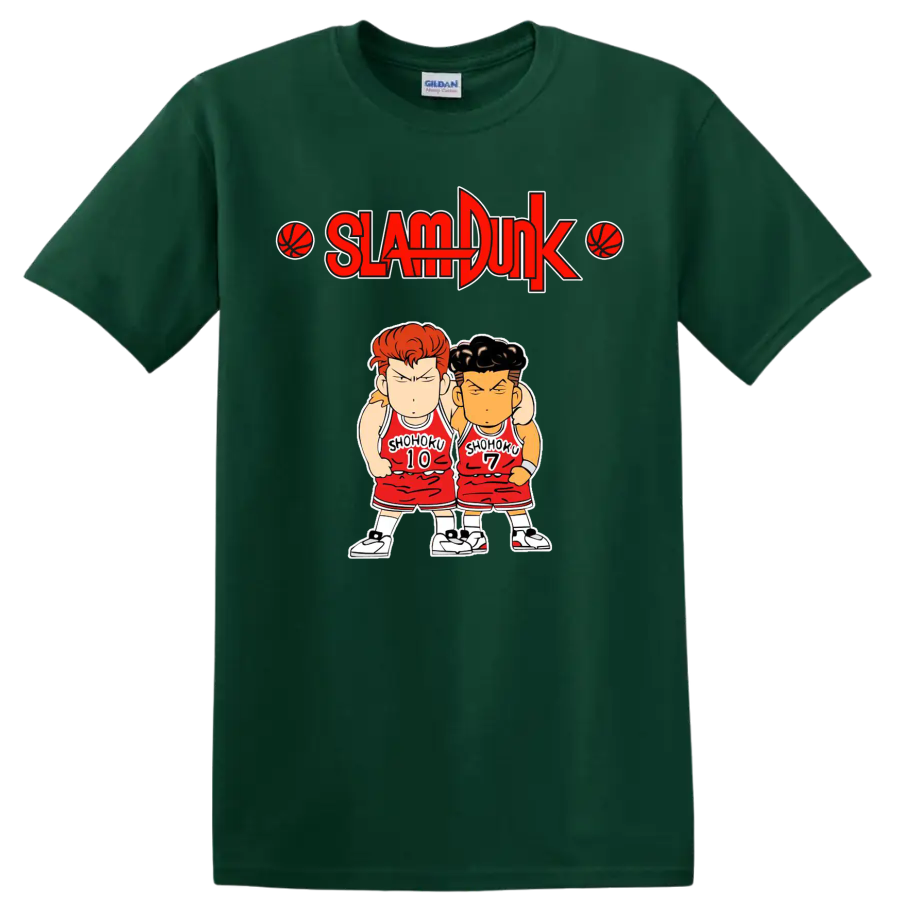 Chibi Hanamichi Sakuragi and Ryota Miyagi in Shohoku uniforms beneath Slam Dunk logo on a Forest Green T Shirt