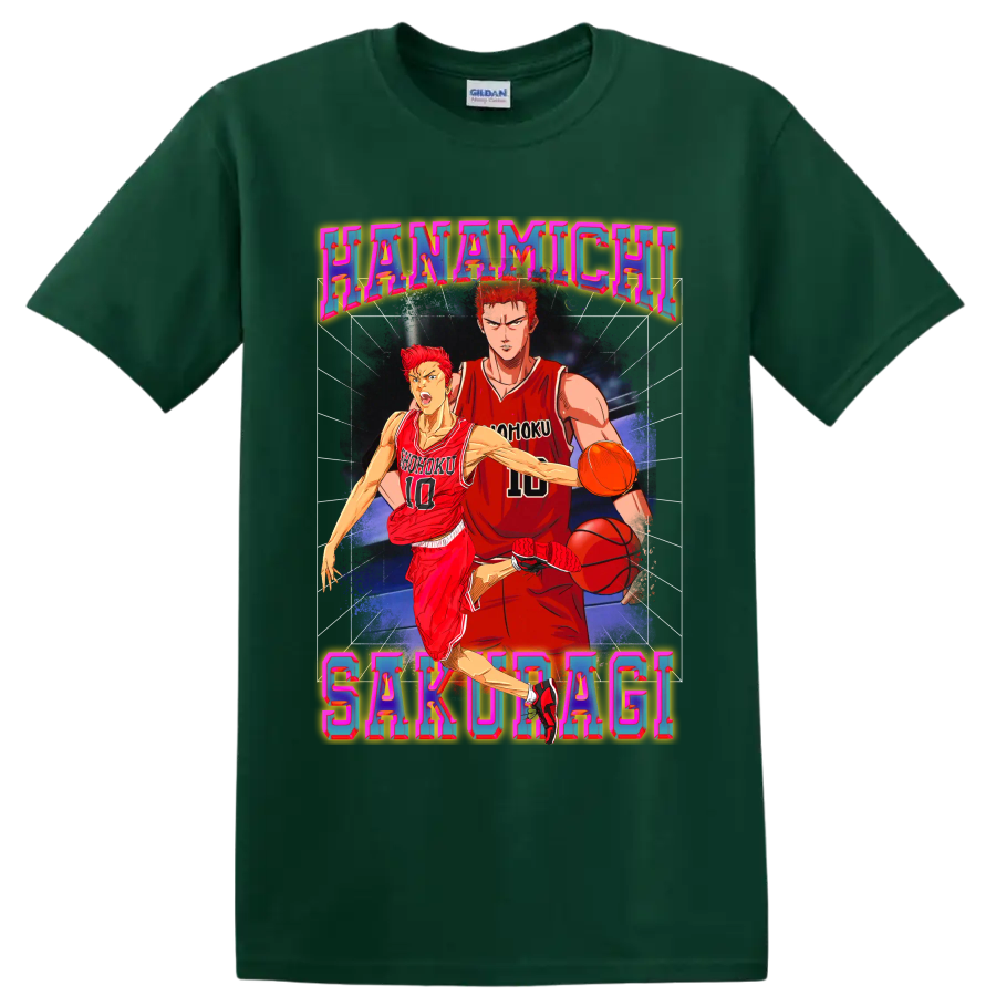Hanamichi Sakuragi Slam Dunk basketball action in colorful retro poster art on a Forest Green T Shirt