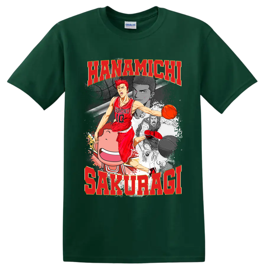Hanamichi Sakuragi Slam Dunk manga basketball collage with red number 10 player on a Forest Green T Shirt