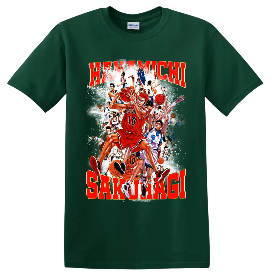 Hanamichi Sakuragi Slam Dunk manga basketball collage with distressed red lettering on a Forest Green T Shirt