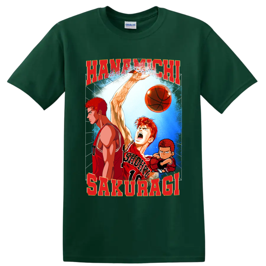 Hanamichi Sakuragi Slam Dunk manga basketball graphic with red lettering and chibi art on a Forest Green T Shirt