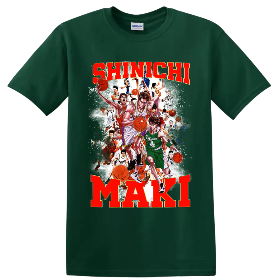 Shinichi Maki Slam Dunk manga basketball collage with bold name lettering on a Forest Green T Shirt