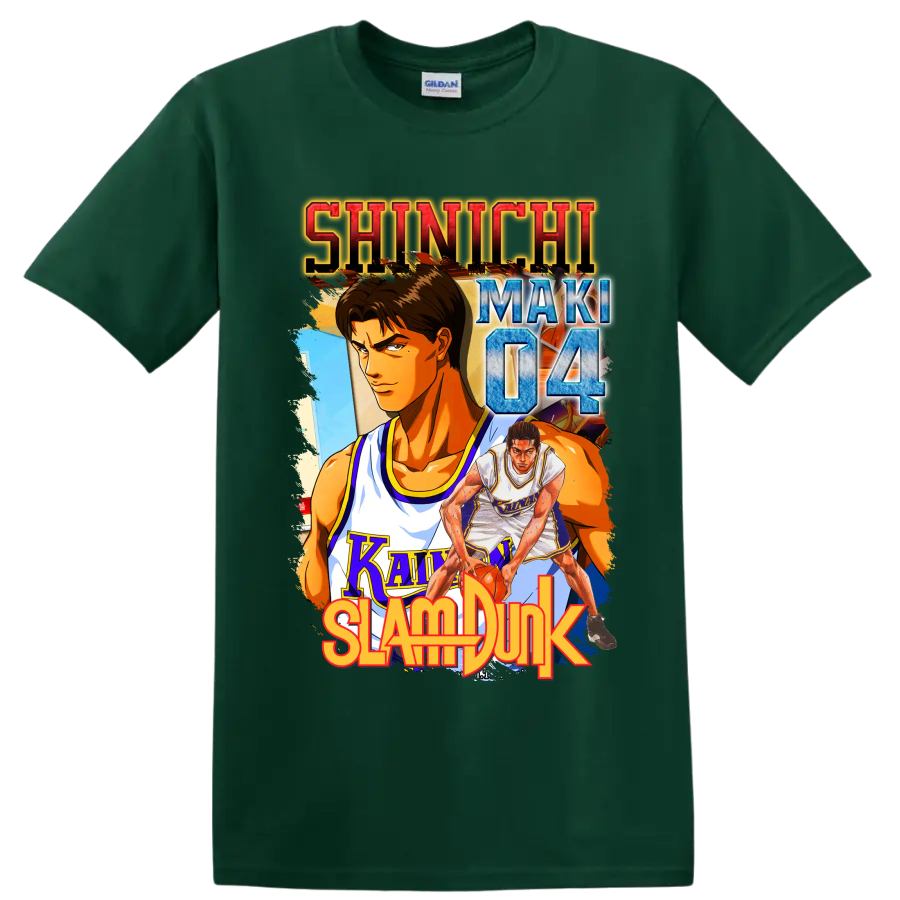 Shinichi Maki Slam Dunk manga-style Kainan basketball graphic with number 04 on a Forest Green T Shirt