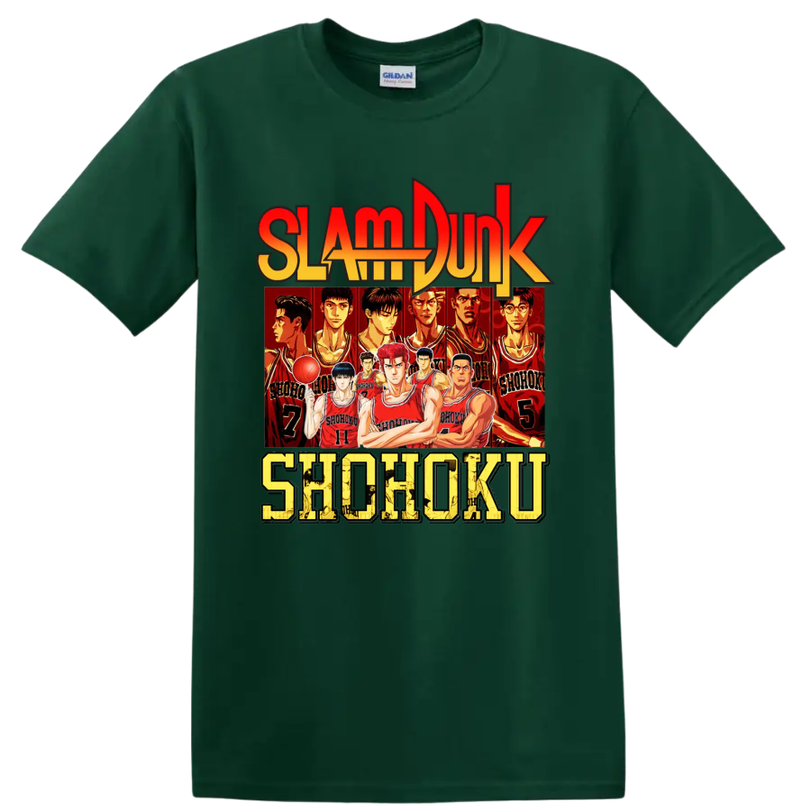 Slam Dunk Shohoku basketball team anime graphic with red jersey player lineup on a Forest Green T Shirt