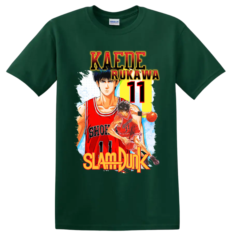 Kaede Rukawa Slam Dunk Shohoku number 11 manga basketball graphic print on a Forest Green T Shirt