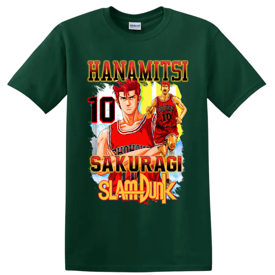 Hanamichi Sakuragi Slam Dunk manga basketball graphic with red number 10 on a Forest Green T Shirt