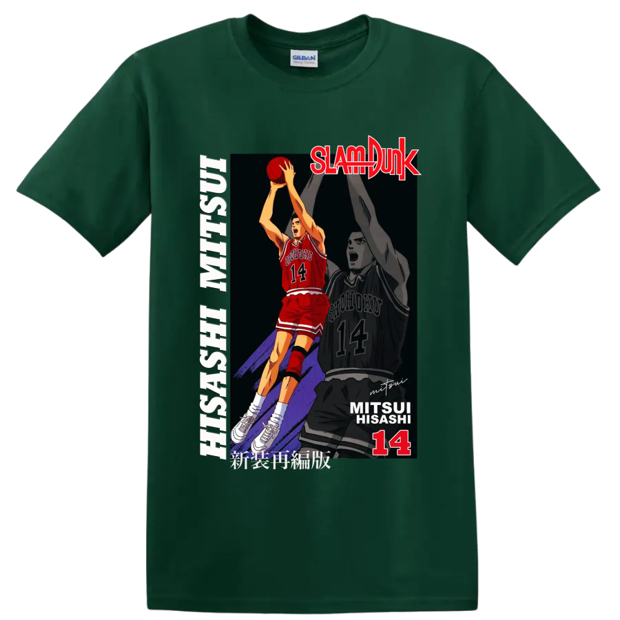 Hisashi Mitsui No. 14 Slam Dunk basketball action manga graphic print on a Forest Green T Shirt