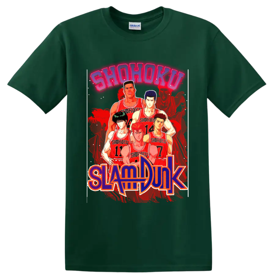 Slam Dunk Shohoku basketball team lineup in red jerseys with bold manga lettering on a Forest Green T Shirt