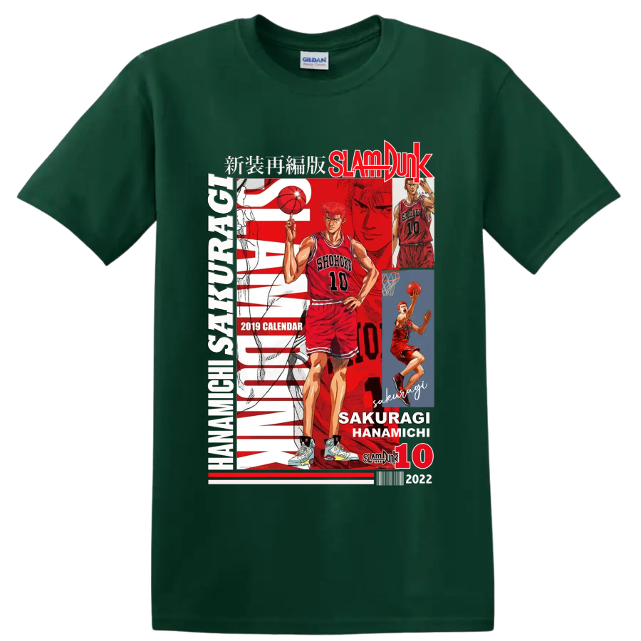 Hanamichi Sakuragi Slam Dunk Shohoku No. 10 manga basketball collage on a Forest Green T Shirt