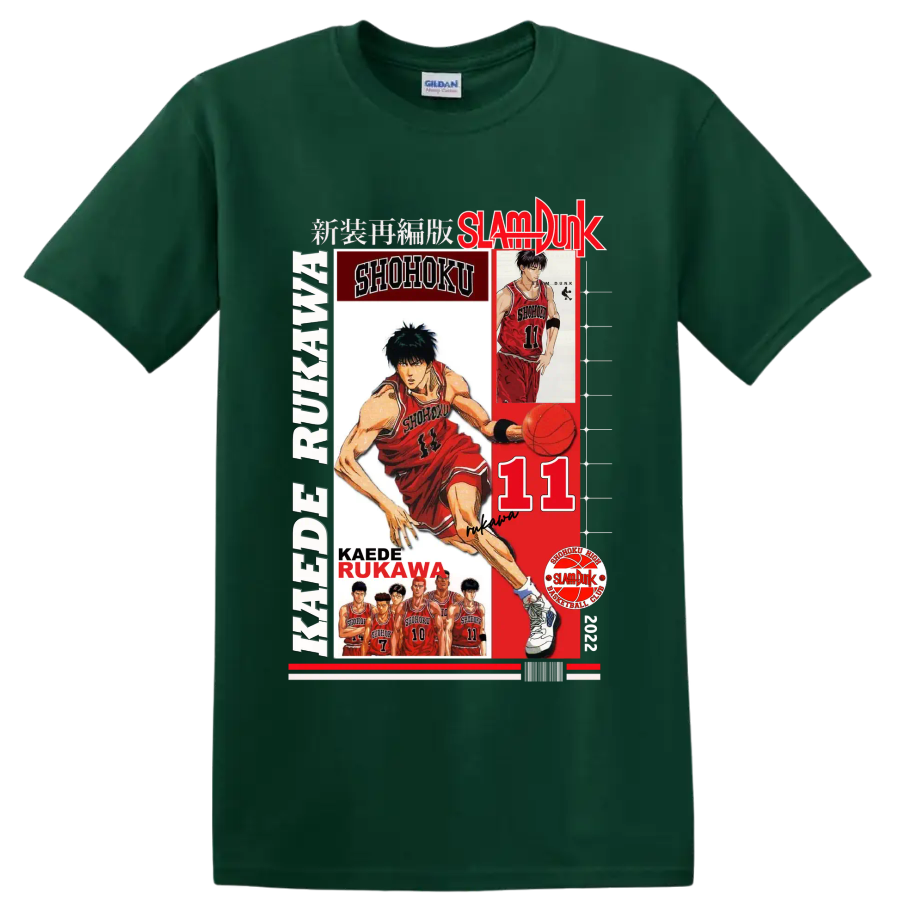 Kaede Rukawa Slam Dunk Shohoku basketball collage with number 11 and player portraits on a Forest Green T Shirt