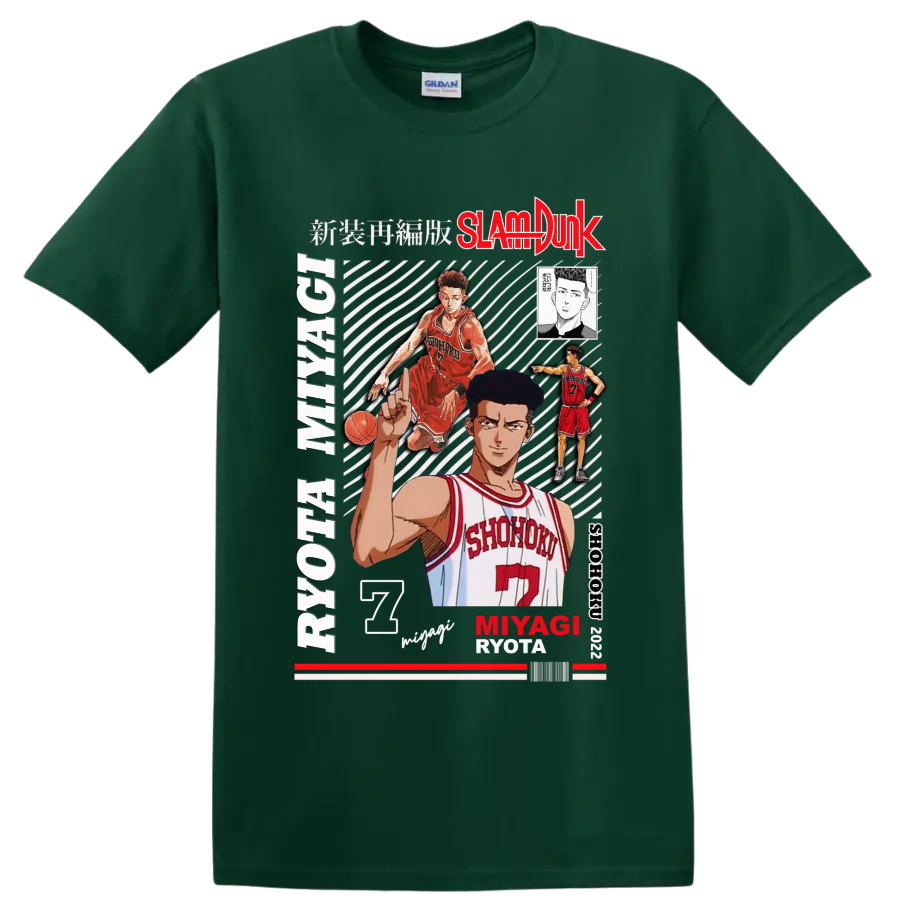 Ryota Miyagi Slam Dunk manga collage with Shohoku number 7 basketball artwork on a Forest Green T Shirt