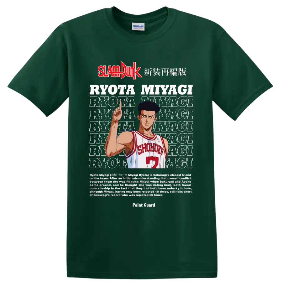 Ryota Miyagi Slam Dunk manga graphic in Shohoku number 7 uniform on a Forest Green T Shirt