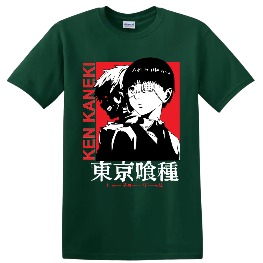 Ken Kaneki Tokyo Ghoul manga portrait with glasses, dark profile, and red backdrop on a Forest Green T Shirt