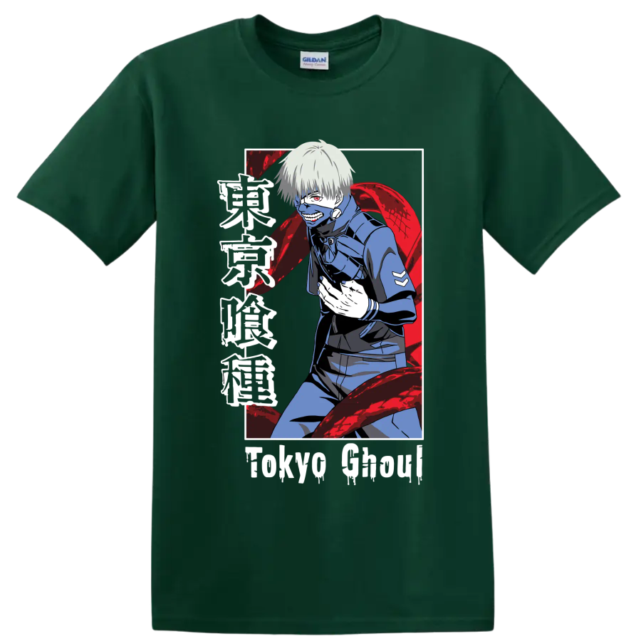 Ken Kaneki masked anime portrait with red kagune in dark Tokyo Ghoul manga style on a Forest Green T Shirt