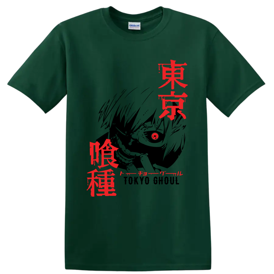 Ken Kaneki Tokyo Ghoul red Japanese title-style graphic print on a Forest Green T Shirt