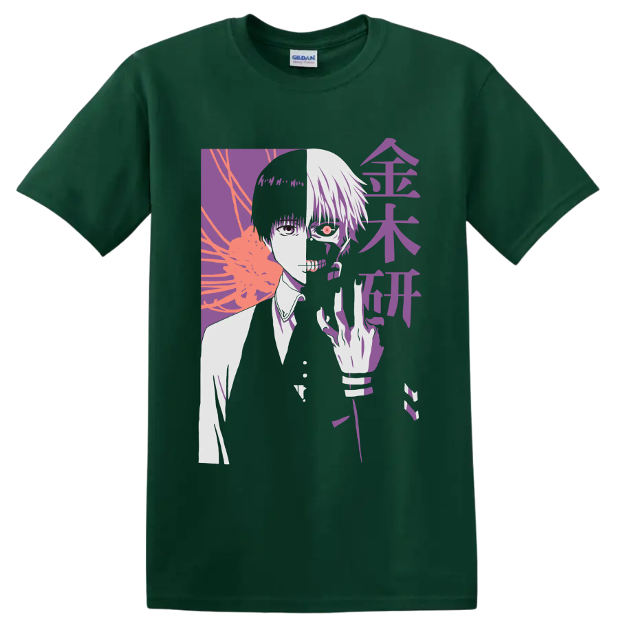 Ken Kaneki split-face Tokyo Ghoul manga portrait with red eye and purple graphic art on a Forest Green T Shirt