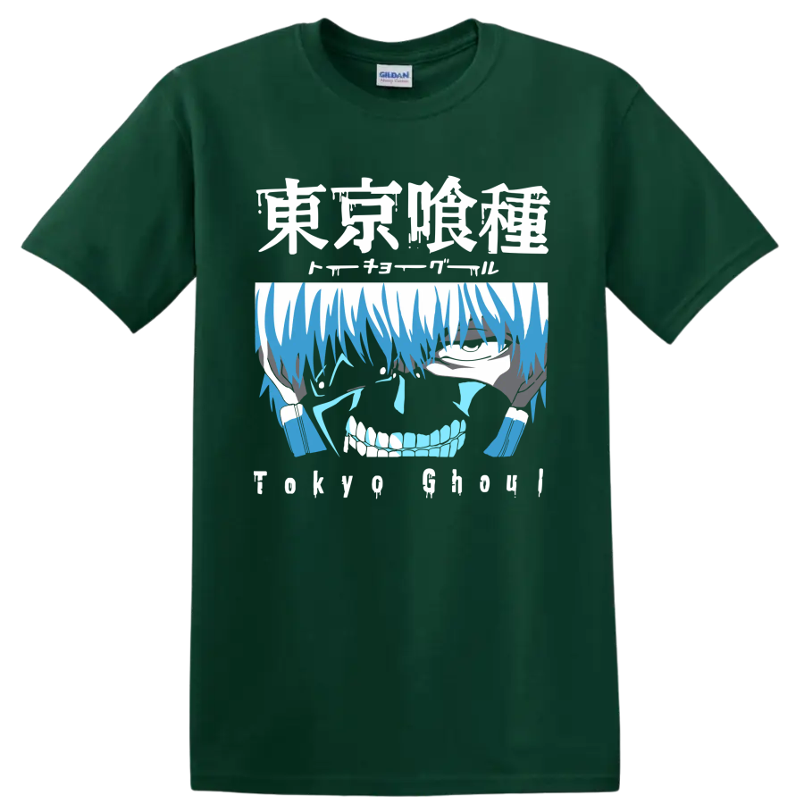 Ken Kaneki blue distressed anime portrait graphic from Tokyo Ghoul on a Forest Green T Shirt