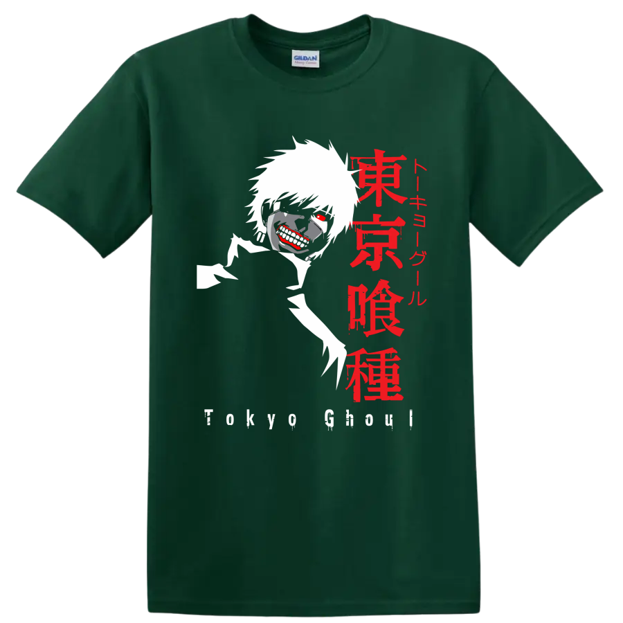 Ken Kaneki Tokyo Ghoul masked anime graphic with red eye and Japanese lettering on a Forest Green T Shirt
