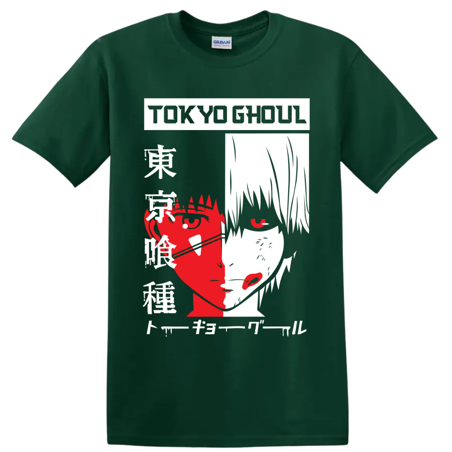 Faye Valentine Cowboy Bebop retro red, white, and black split portrait graphic on a Forest Green T Shirt