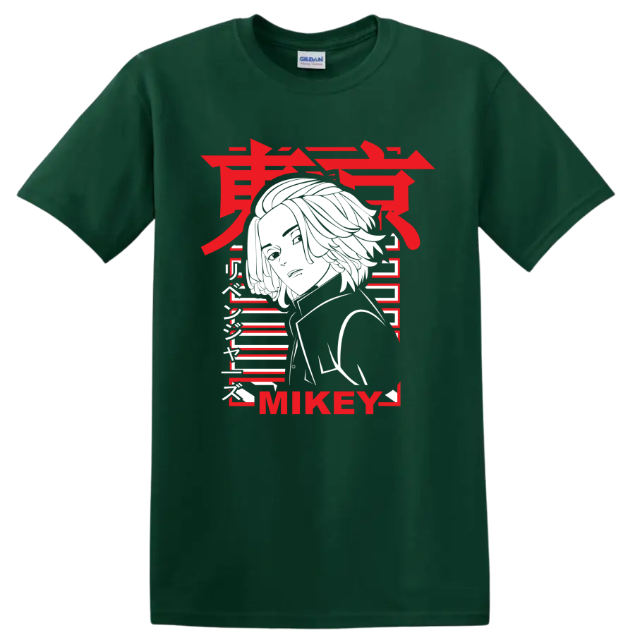 Manjiro Sano Mikey Tokyo Revengers portrait in bold red, white, and black manga style on a Forest Green T Shirt