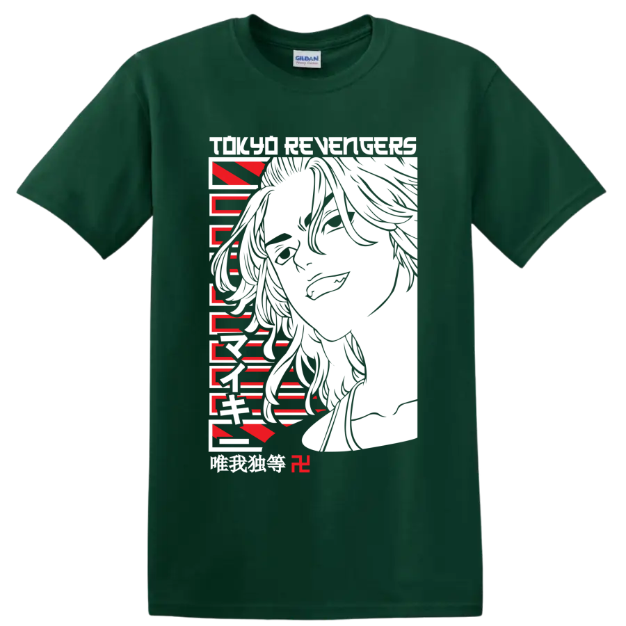 Ken Ryuguji Draken portrait in bold red and black Tokyo Revengers anime art on a Forest Green T Shirt
