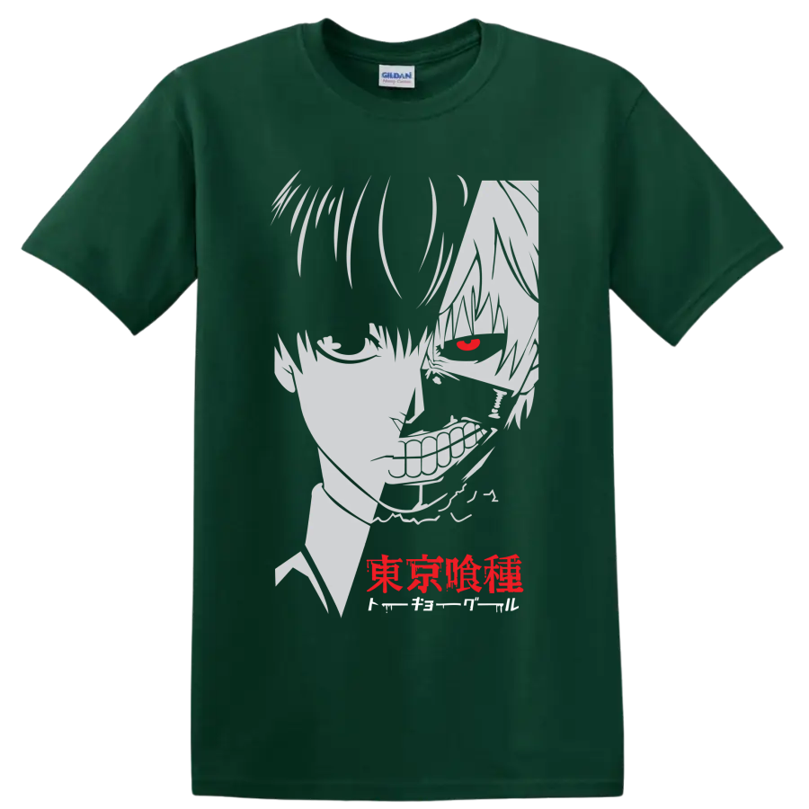 Ken Kaneki Tokyo Ghoul manga portrait with red eye, grin, and Japanese lettering on a Forest Green T Shirt