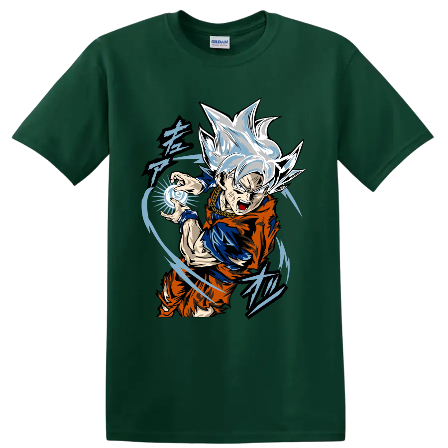 Goku Ultra Instinct anime fighter with blue energy sphere and sweeping action lines on a Forest Green T Shirt