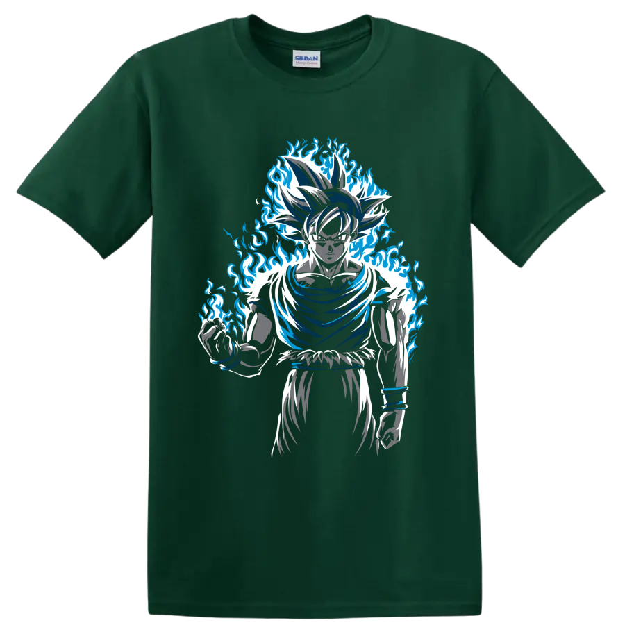 Goku Dragon Ball Super manga-style graphic with a dramatic blue flame aura on a Forest Green T Shirt