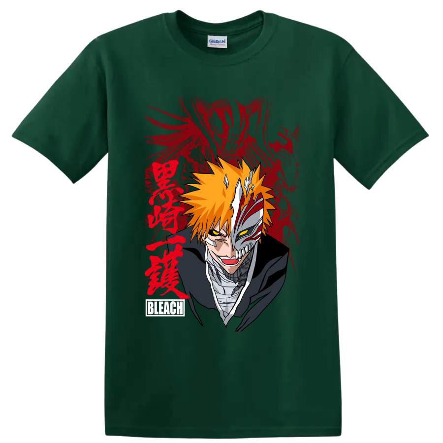 Ichigo Kurosaki split Hollow mask portrait with orange hair and red brushstroke art on a Forest Green T Shirt