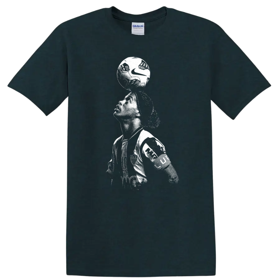 Retro soccer legend portrait of Ronaldinho Gaúcho style on black T - Midnight (Green)