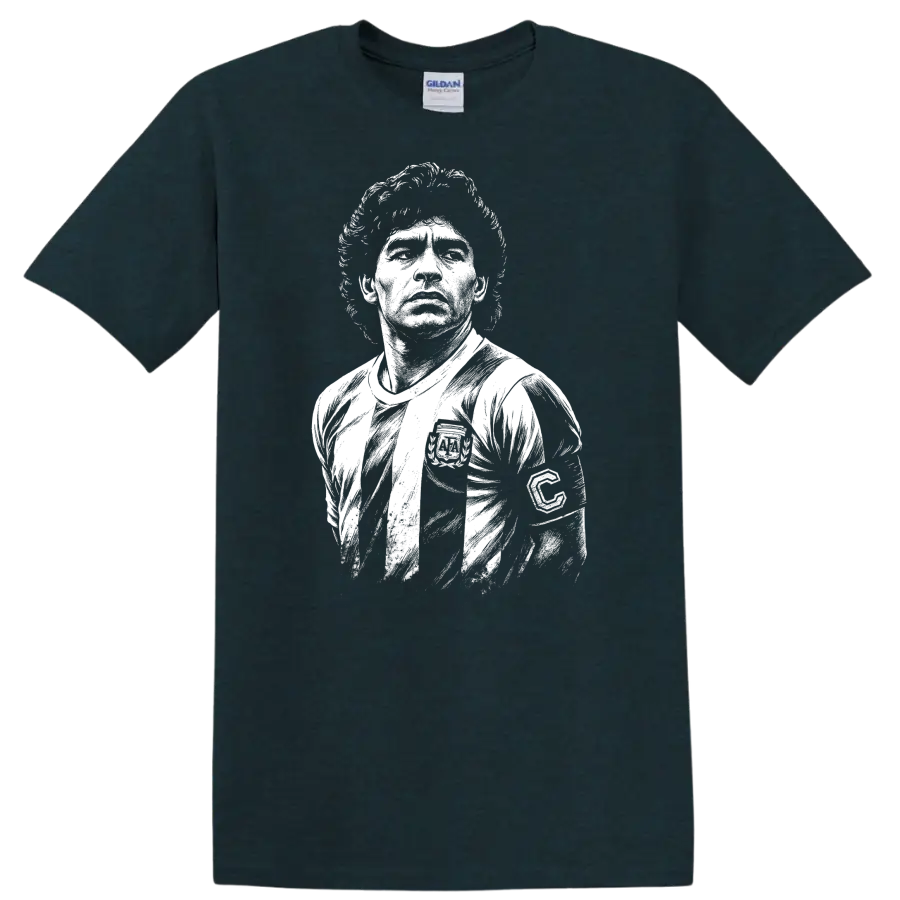Black and white retro portrait of Diego Maradona on a T - Midnight (Green)