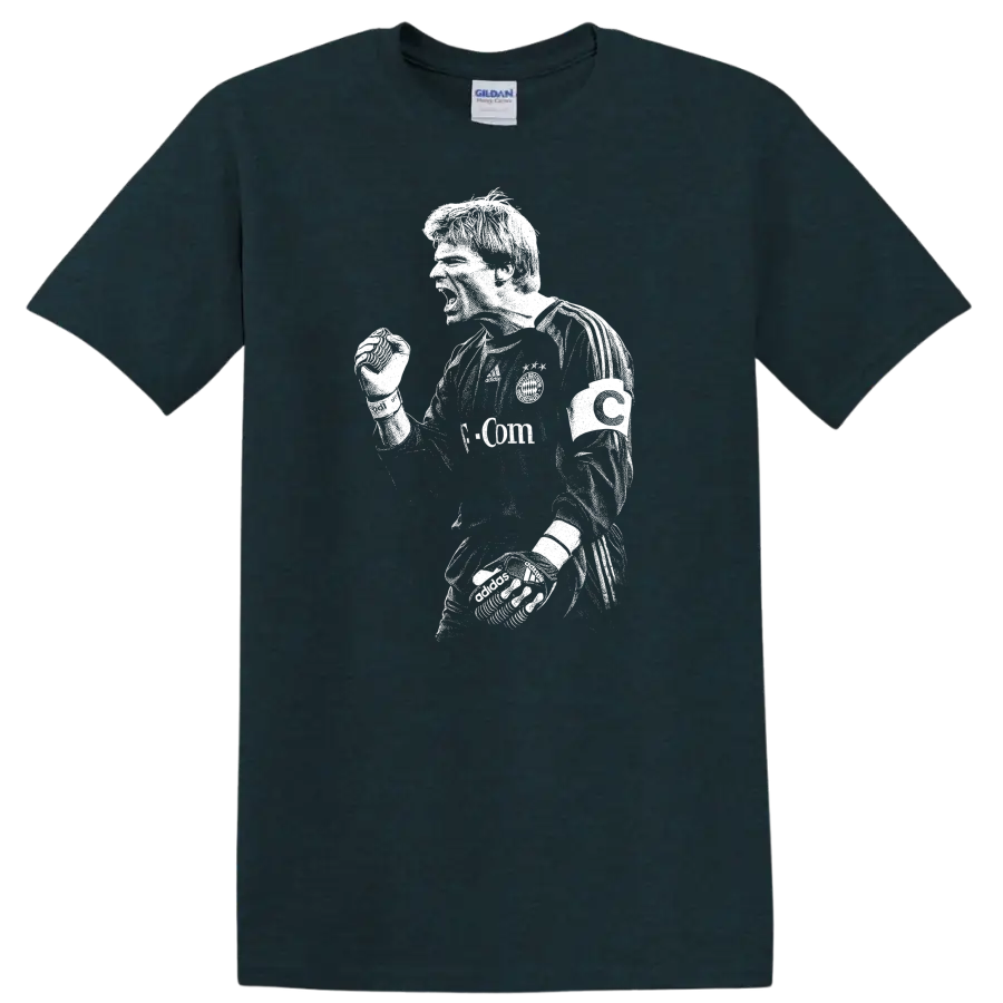 Black and white retro soccer portrait of Oliver Kahn on a T - Midnight (Green)