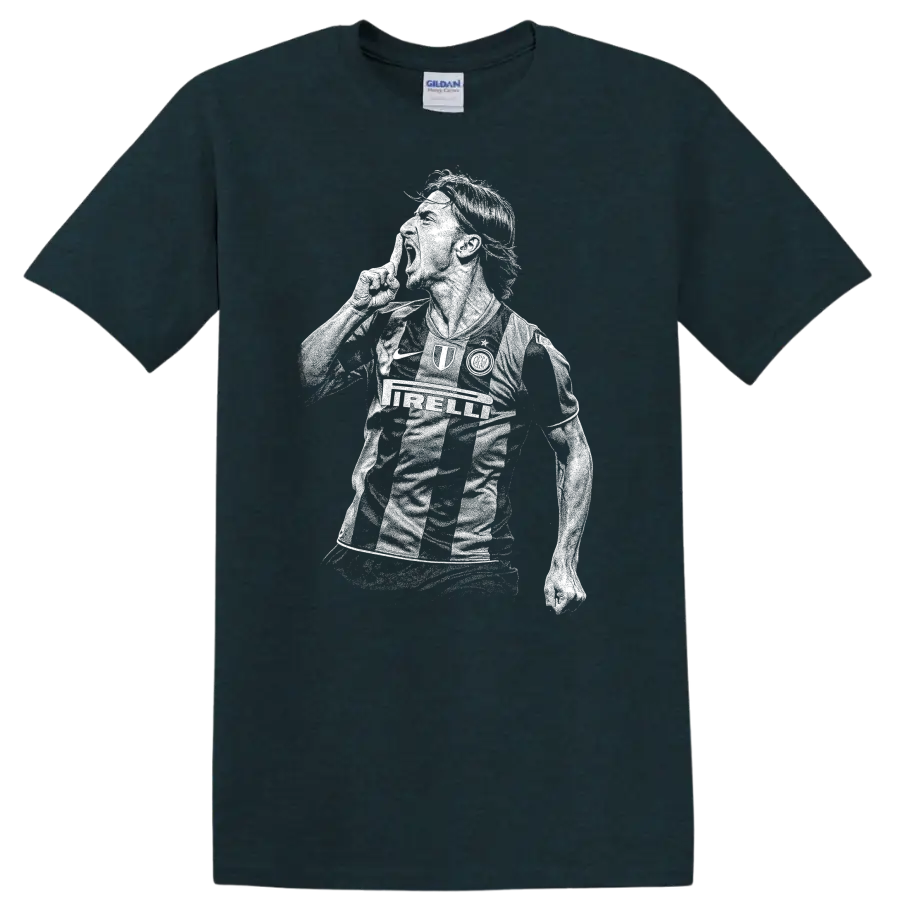 Black and white retro soccer player portrait graphic T Shirt featuring Zlatan - Midnight (Green)