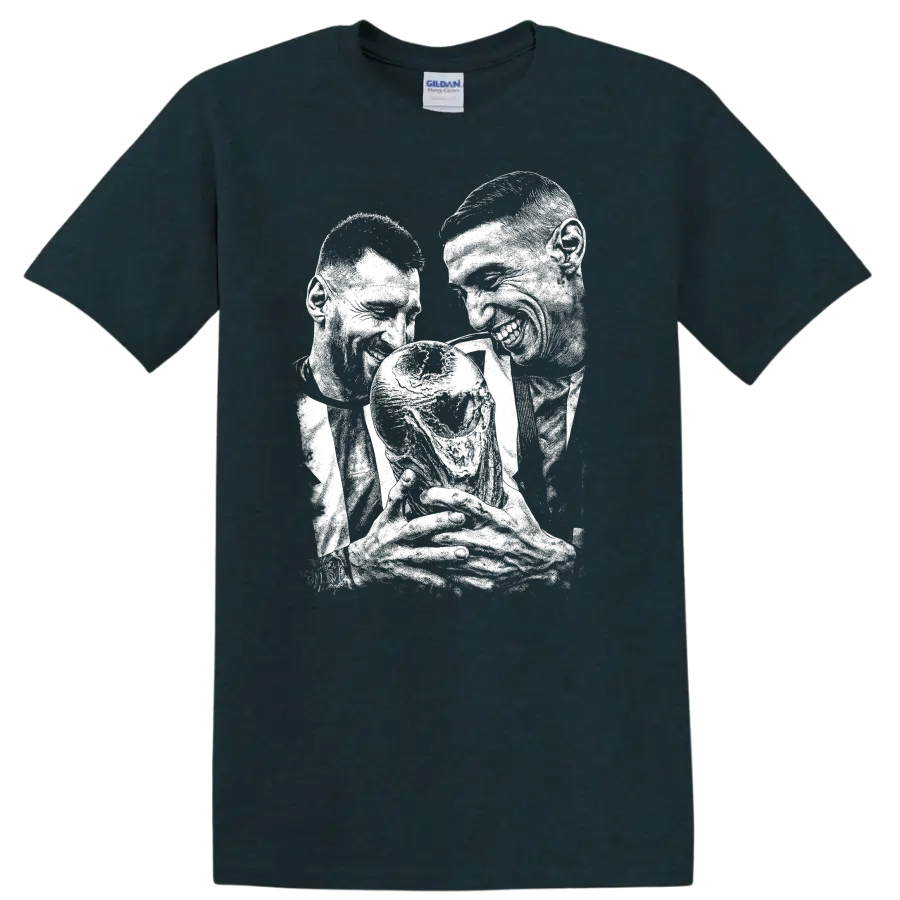 Retro soccer legend portrait design featuring Lionel Messi and Ángel Di María T - Midnight (Green)