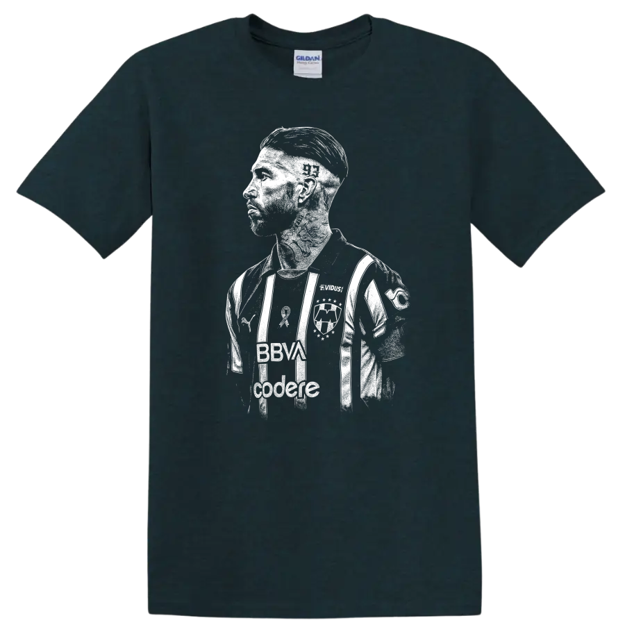 Retro style Sergio Ramos soccer portrait graphic on T - Midnight (Green)